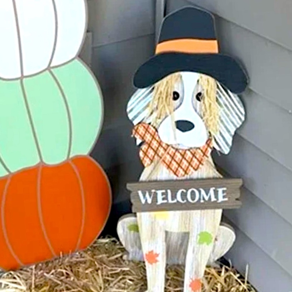 🆕- Fall Decorated Adorable Dog with Welcome Sign. Halloween/Thanksgiving